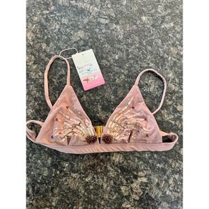 Oceanus Ursula Bikini Top Pink Gold Sequin Beaded Triangle Swim Small NWT